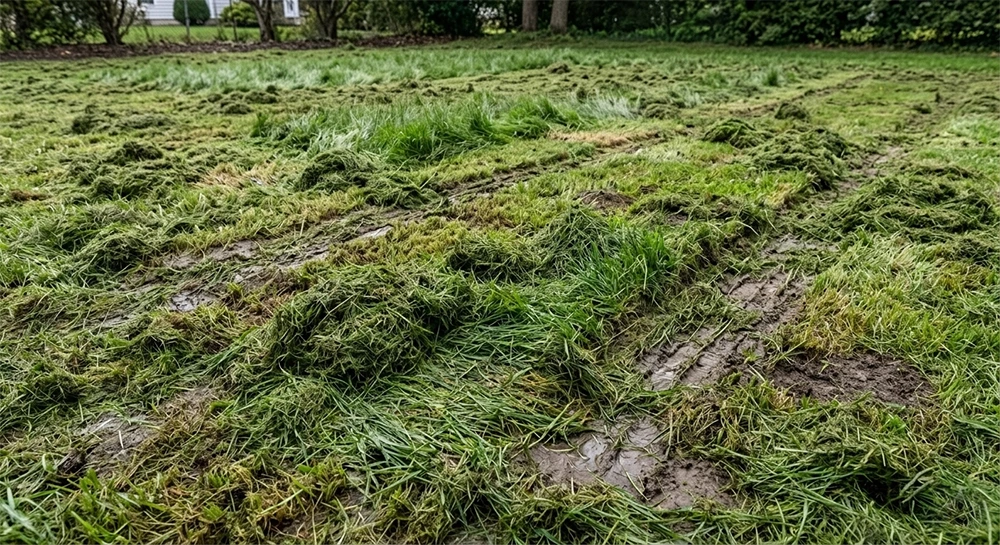common lawn mowing mistakes including clumping and uneven cutting