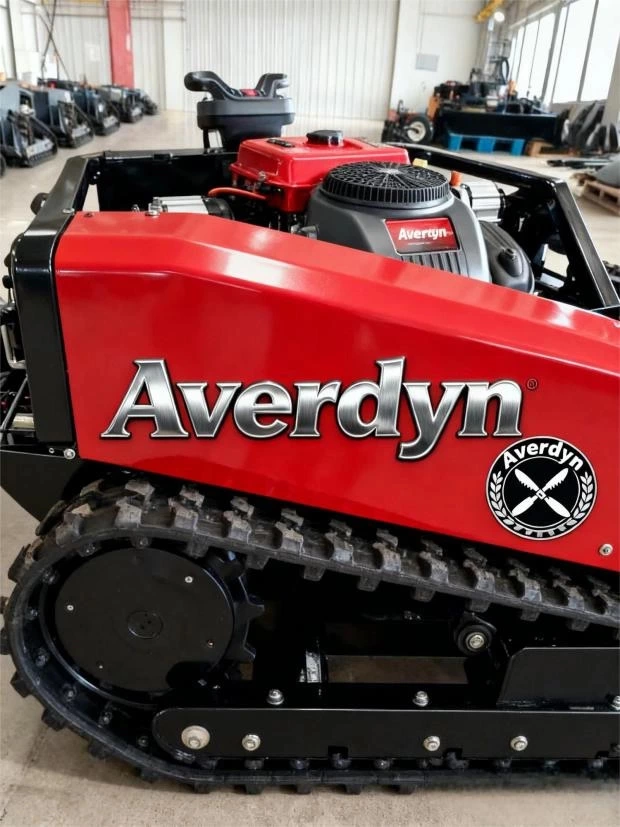 Averdyn remote control tracked lawn mower close-up showing crawler track structure