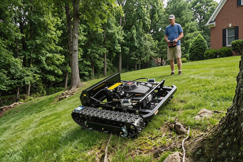 remote controlled tracked lawn mower working on steep slope and uneven terrain