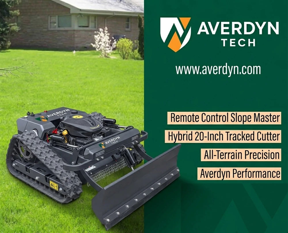 remote control tracked lawn mower cutting grass on steep slope safely