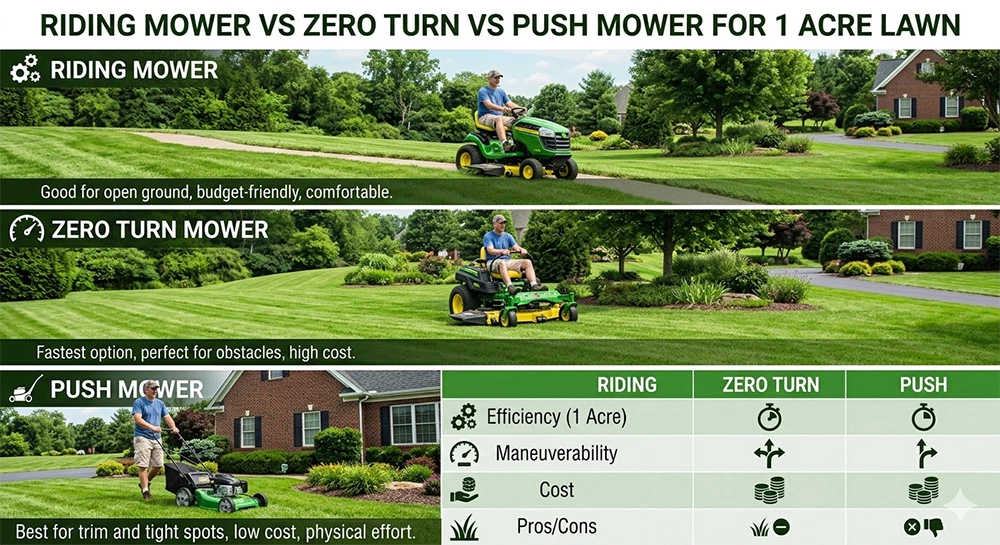 riding mower vs zero turn vs push mower comparison for 1 acre lawn